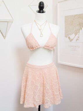 TOBI Peach Floral Lace Bikini Style Top & Skirt Set, Summer Festival Layering